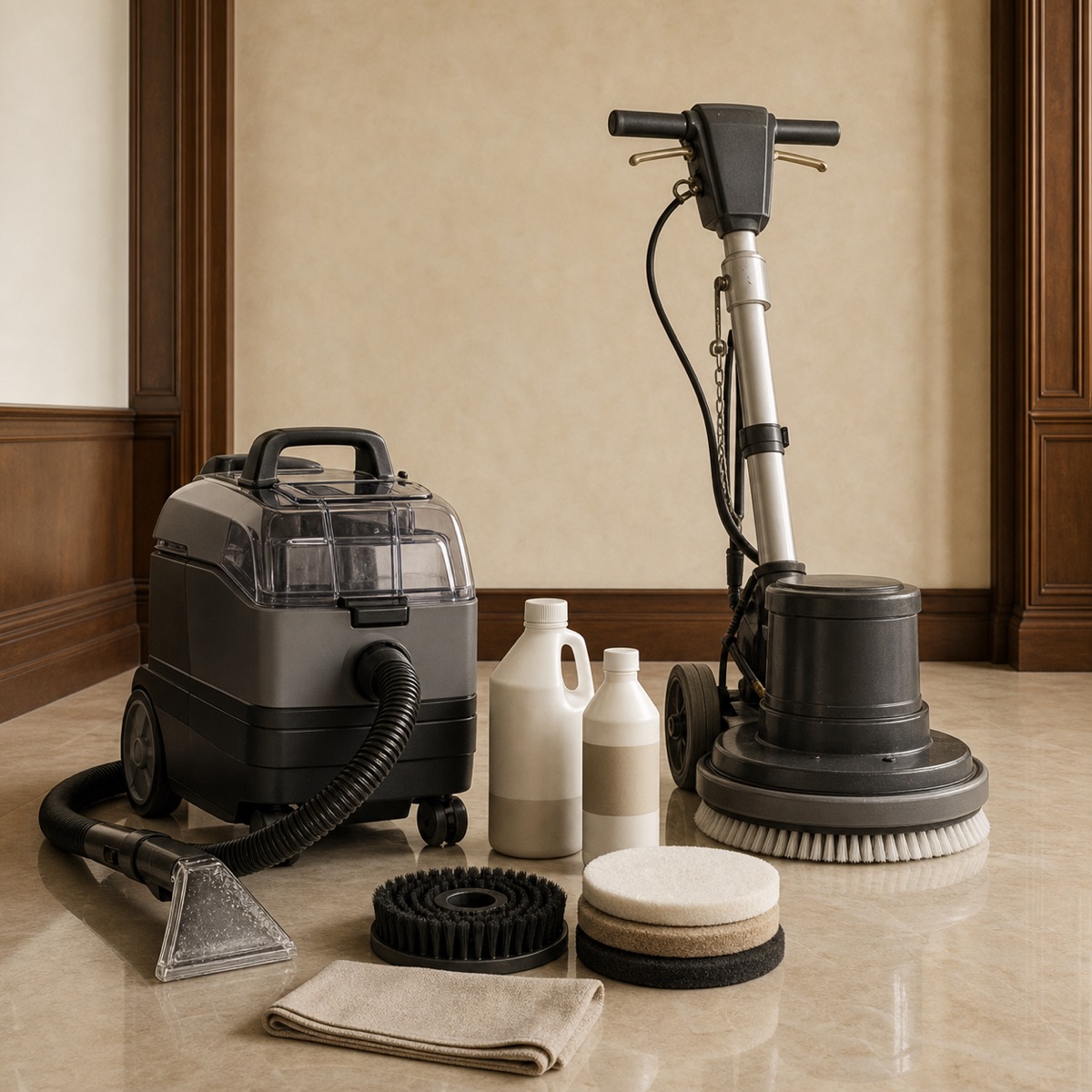 Professionelle Bodenmaschine mit Pads und Pflegezubehör für Praxisböden